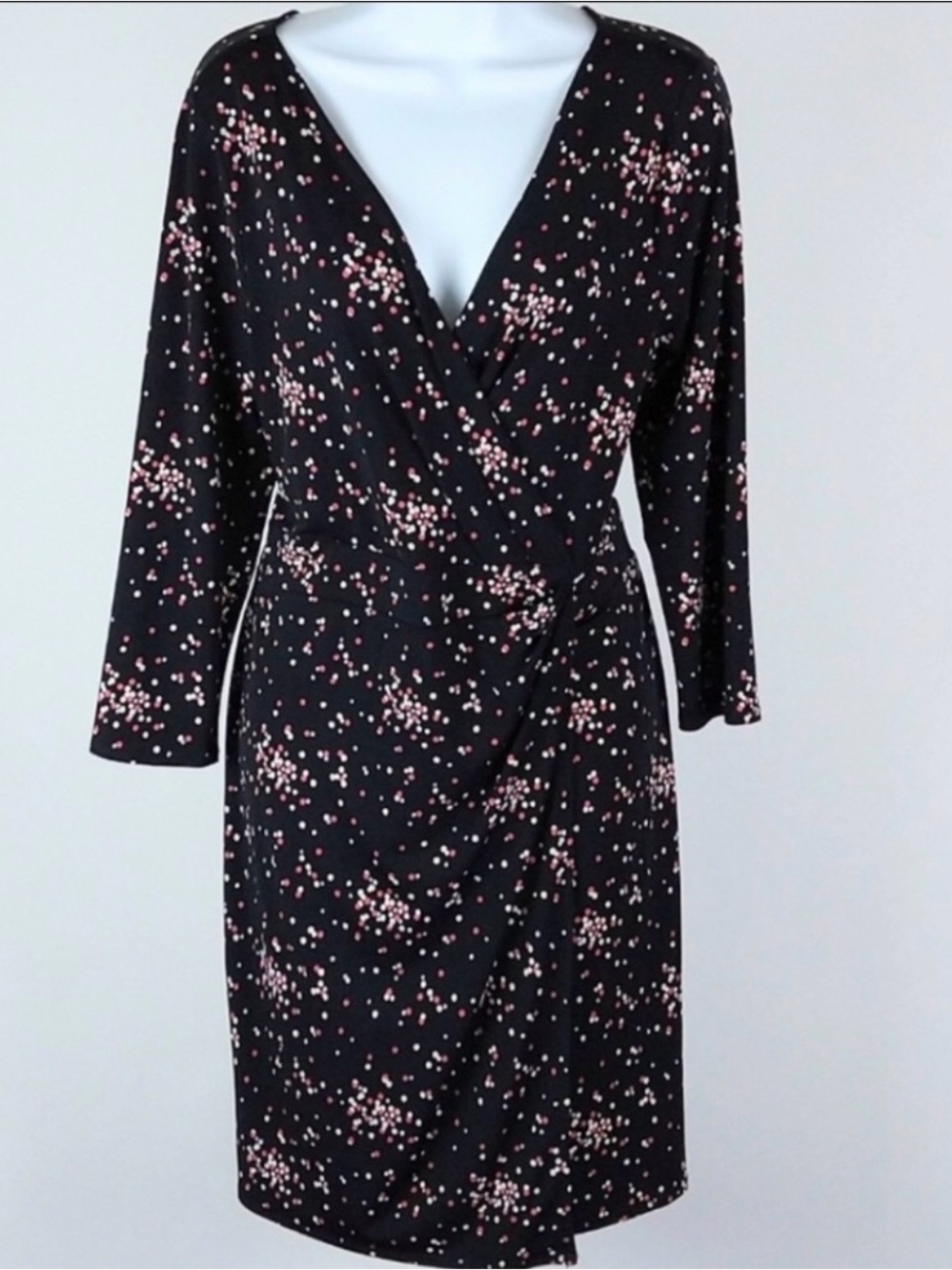 Ann Taylor Black Wrap Dress with Pink Confetti Print